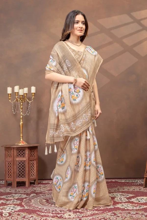Beige_Floral_Printed_Linen_Blend_Saree