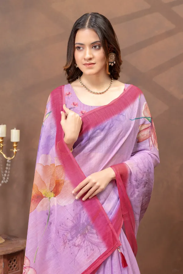 Lavender_&_Pink_Floral_Printed_Linen_Blend_Saree