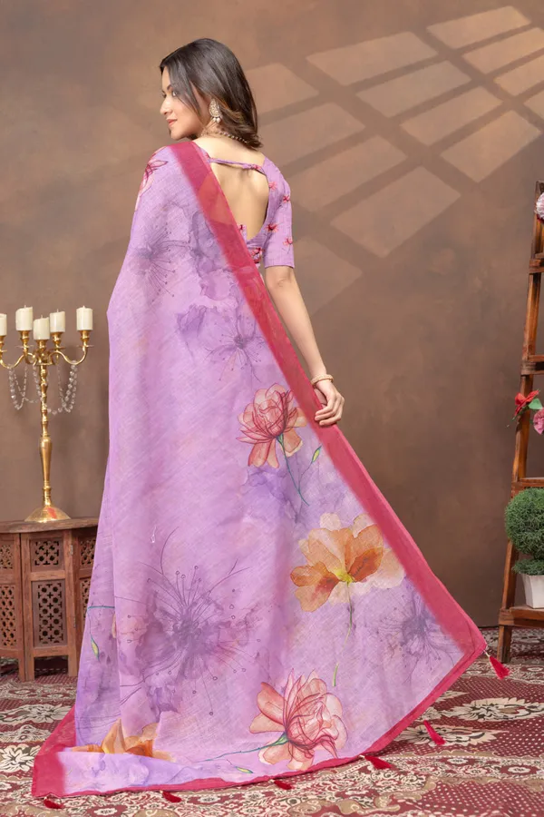 Lavender_&_Pink_Floral_Printed_Linen_Blend_Saree