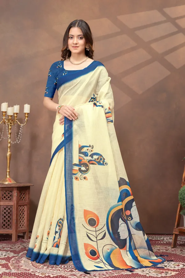 Beige_&_Blue_Abstract_Printed_Linen_Blend_Saree