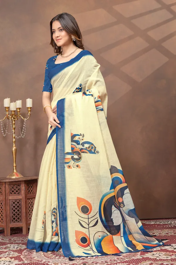 Beige_&_Blue_Abstract_Printed_Linen_Blend_Saree