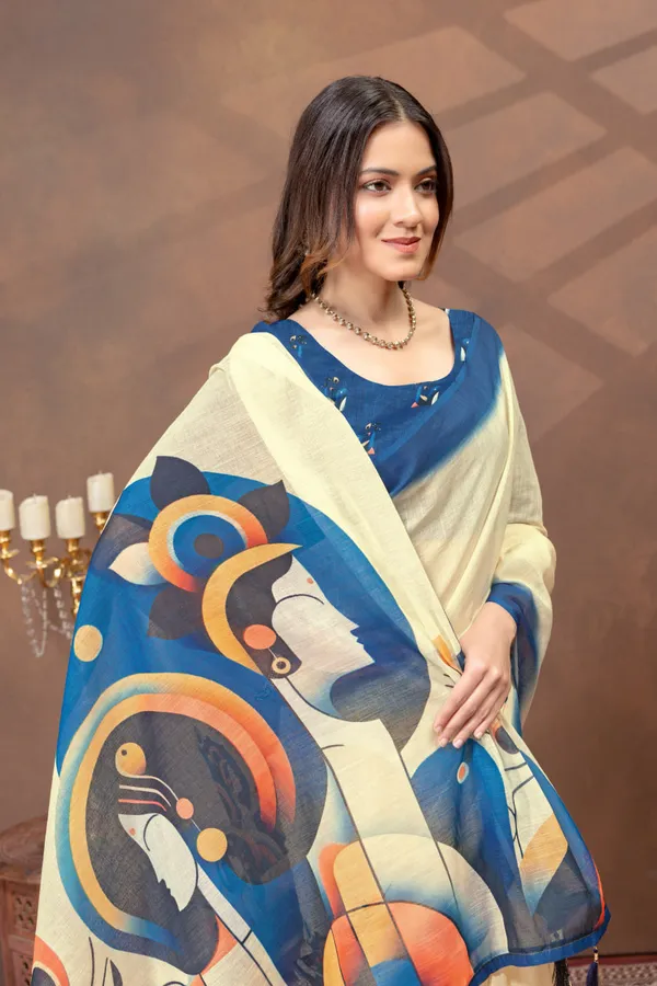 Beige_&_Blue_Abstract_Printed_Linen_Blend_Saree