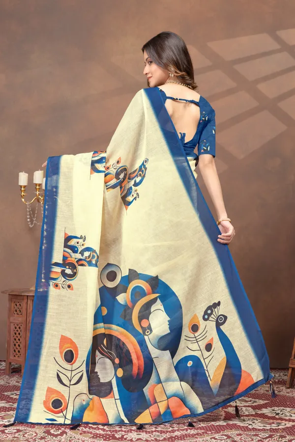 Beige_&_Blue_Abstract_Printed_Linen_Blend_Saree