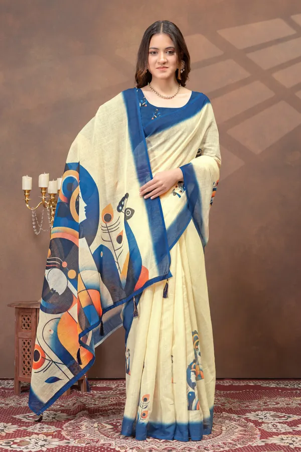 Beige_&_Blue_Abstract_Printed_Linen_Blend_Saree