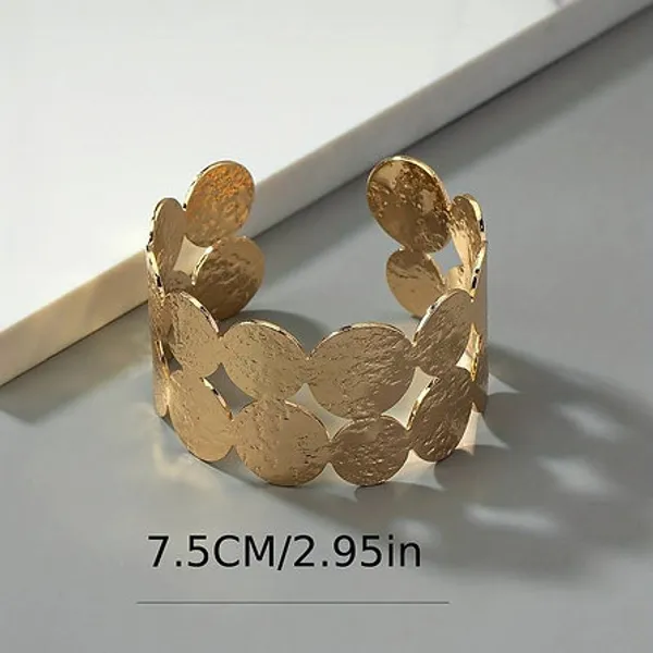 Gold_Alloy_Textured_Coin_Disc_Open_Cuff_Bracelet_For_Women
