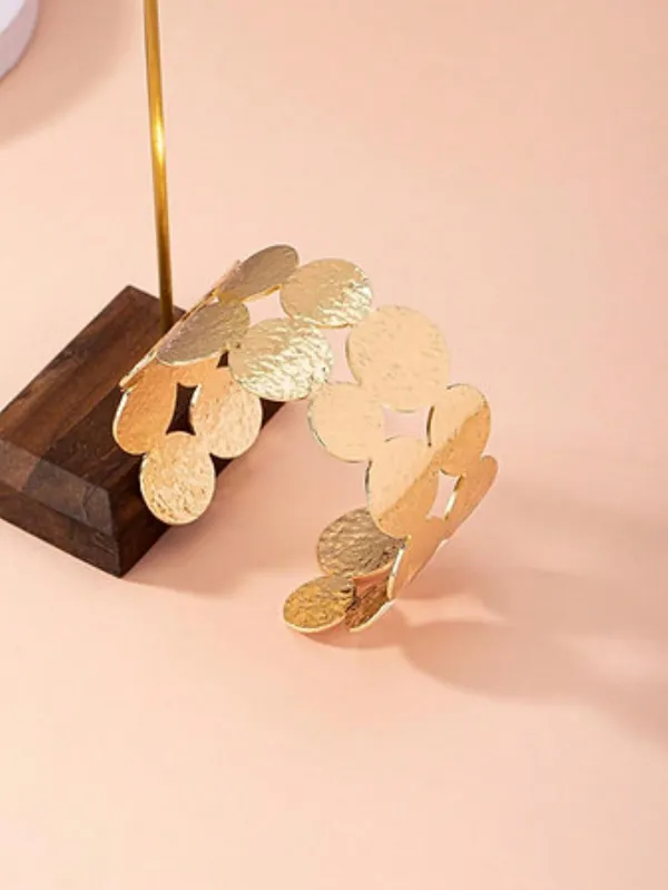 Gold_Alloy_Textured_Coin_Disc_Open_Cuff_Bracelet_For_Women