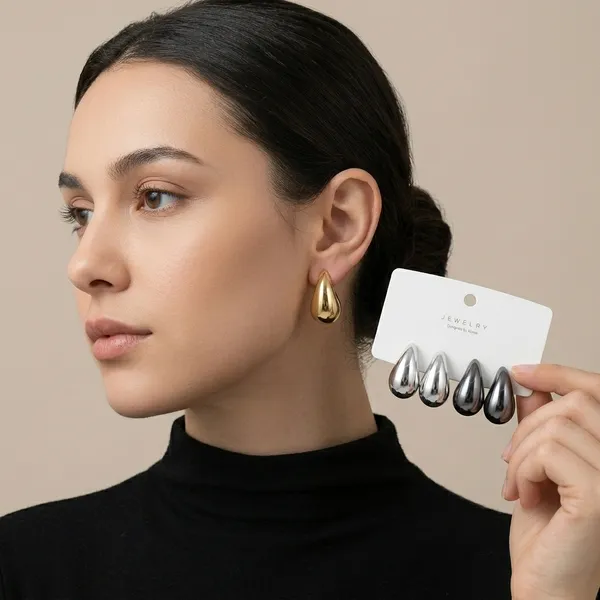 Gold_And_Silver_Alloy_Teardrop_Hoop_Earring_Set_For_Women_Set_Of_3