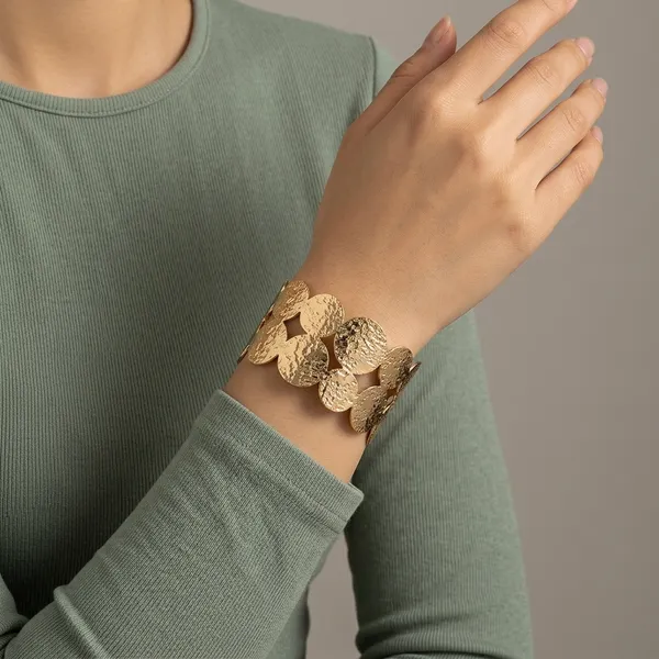 Gold_Alloy_Textured_Coin_Disc_Open_Cuff_Bracelet_For_Women