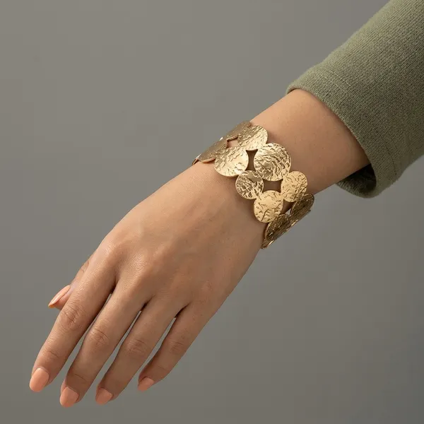 Gold_Alloy_Textured_Coin_Disc_Open_Cuff_Bracelet_For_Women