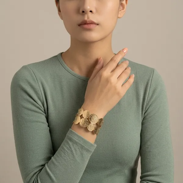 Gold_Alloy_Textured_Coin_Disc_Open_Cuff_Bracelet_For_Women