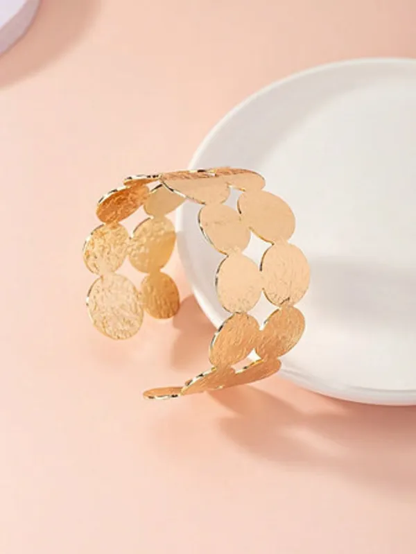 Gold_Alloy_Textured_Coin_Disc_Open_Cuff_Bracelet_For_Women