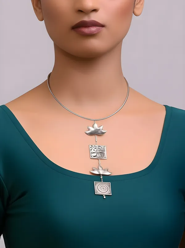 Silver_Alloy_Lotus_Motif_Tie_Necklace_For_Women