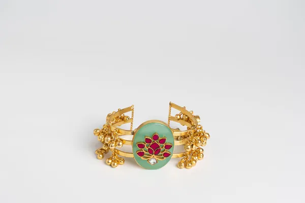Multicolor_Alloy_Jade_Stone_Lotus_Motif_Cuff_Bracelet_For_Women