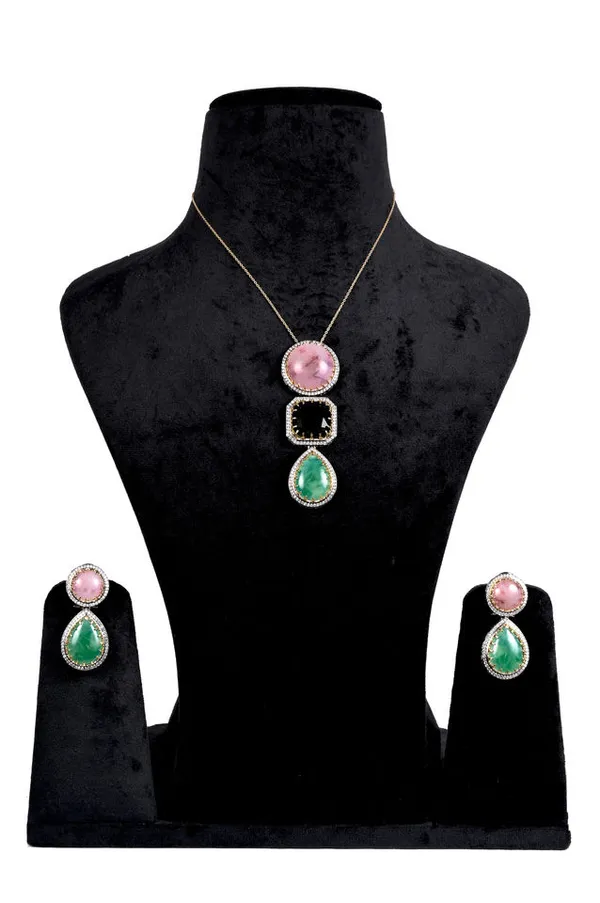 Pink_Green_Alloy_Tri_Stone_Halo_Jewelry_Set_For_Women