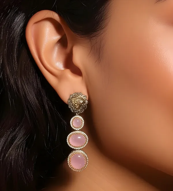 Pink_Gold_Alloy_Lion_Motif_Rose_Cabochon_Earrings_For_Women