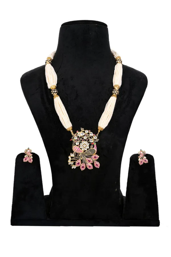 White_Pink_Alloy_Kundan_Peacock_Pendant_Necklace_Set_For_Women