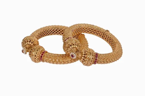 Gold_Alloy_Lattice_Floral_Red_Stone_Bangles_For_Women