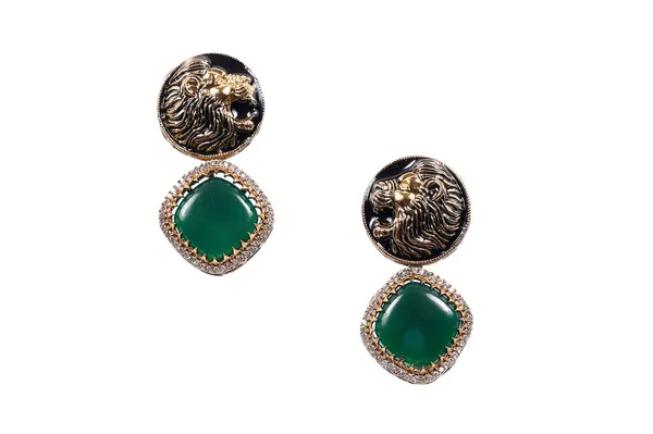 Green_Gold_Alloy_Emerald_Lion_Head_Drop_Earrings_For_Women