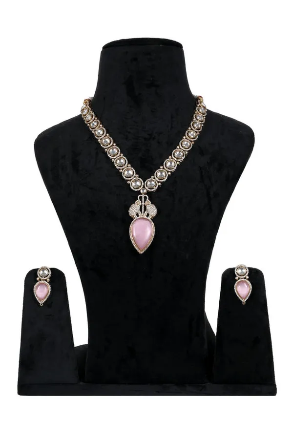 Pink_Silver_Alloy_Crystal_Stone_Necklace_Jewelry_Set_For_Women