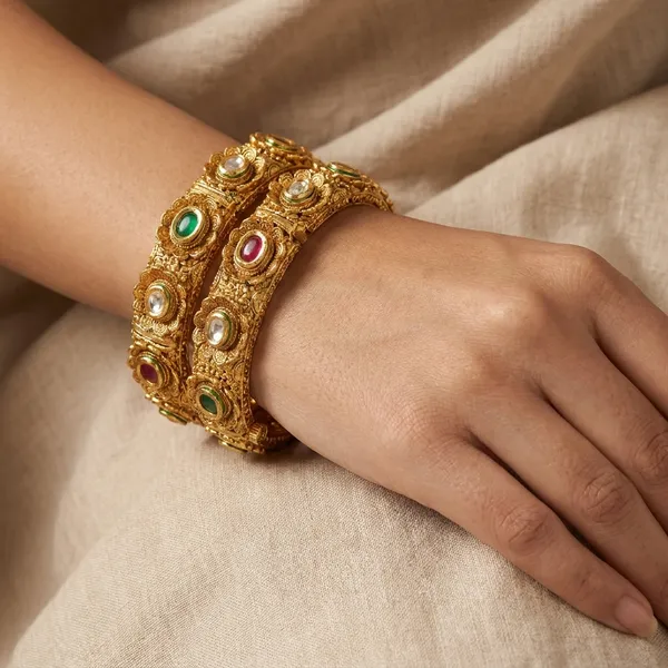 Multicolor_Gold-Plated_Alloy_Pearl_Emerald_Ruby_Bangles_For_Women
