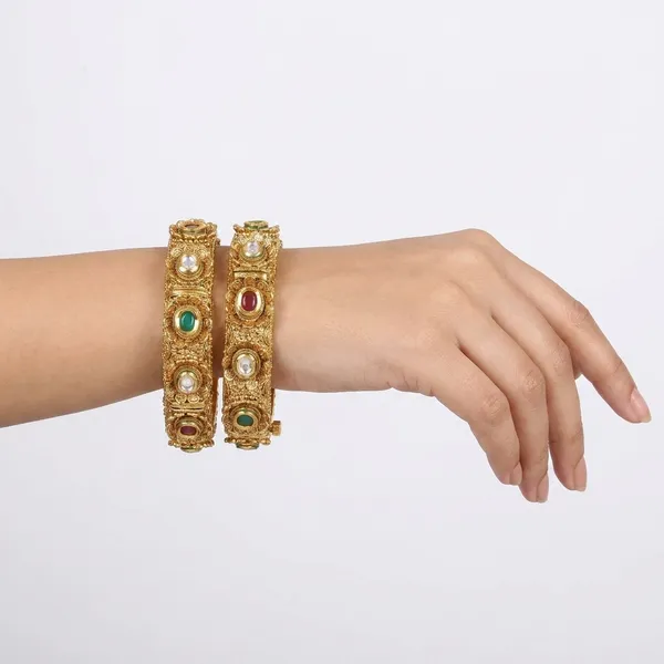 Multicolor_Gold-Plated_Alloy_Pearl_Emerald_Ruby_Bangles_For_Women