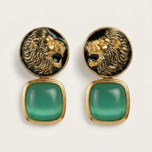 Green_Gold_Alloy_Emerald_Lion_Head_Drop_Earrings_For_Women
