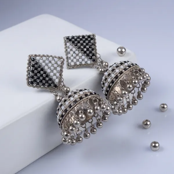 Silver_Alloy_Crystal_Black_Checkered_Drop_Earrings_For_Women