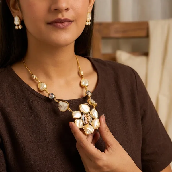 White_Gold_Alloy_Mother_Of_Pearl_Tanjore_Pendant_Necklace_Set_For_Women