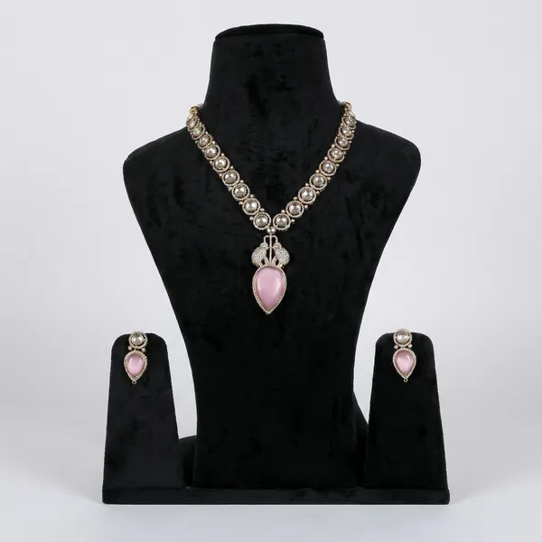 Pink_Silver_Alloy_Crystal_Stone_Necklace_Jewelry_Set_For_Women