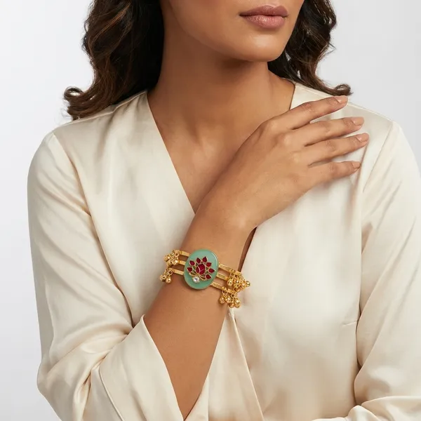 Multicolor_Alloy_Jade_Stone_Lotus_Motif_Cuff_Bracelet_For_Women
