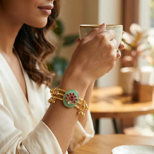 Multicolor_Alloy_Jade_Stone_Lotus_Motif_Cuff_Bracelet_For_Women