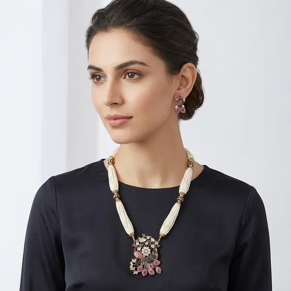 White_Pink_Alloy_Kundan_Peacock_Pendant_Necklace_Set_For_Women