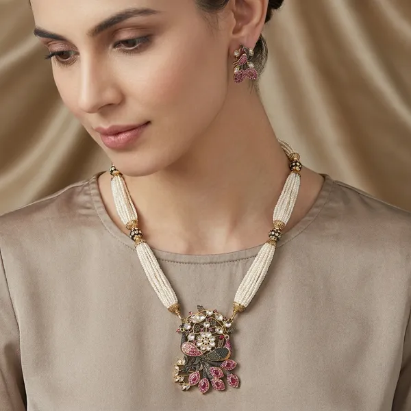 White_Pink_Alloy_Kundan_Peacock_Pendant_Necklace_Set_For_Women
