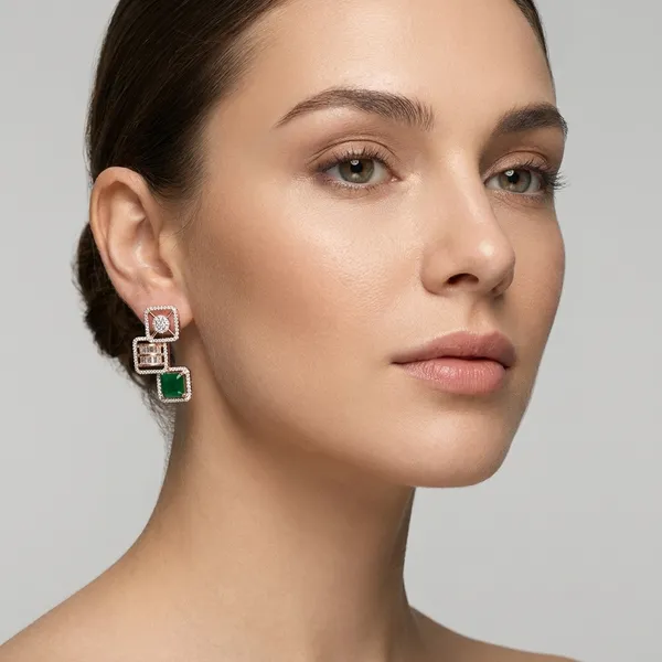 Silver_Green_Alloy_Cubic_Zirconia_Geometric_Drop_Earrings_For_Women