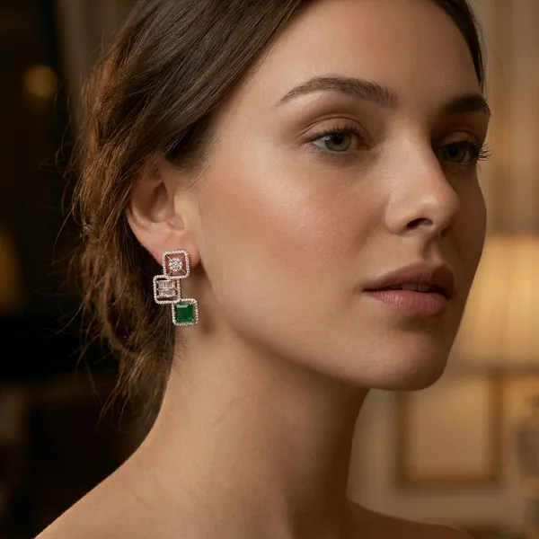 Silver_Green_Alloy_Cubic_Zirconia_Geometric_Drop_Earrings_For_Women