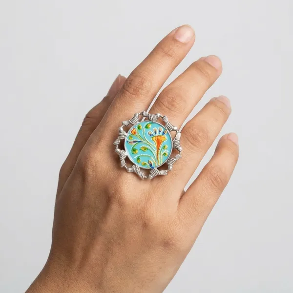 Blue_Alloy_Enamel_Floral_Ring_For_Women
