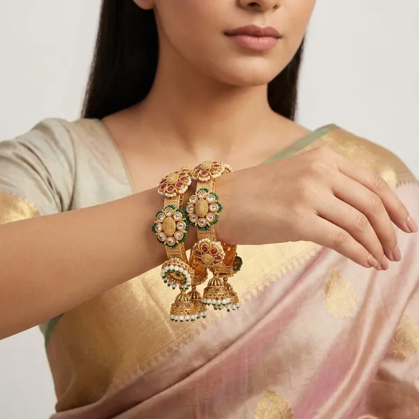 Gold_Alloy_Floral_Red_Green_Stone_Jhumka_Bangles_For_Women