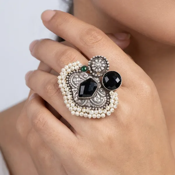 Black_White_Alloy_Faux_Pearl_Black_Gemstone_Ring_For_Women