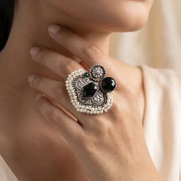 Black_White_Alloy_Faux_Pearl_Black_Gemstone_Ring_For_Women