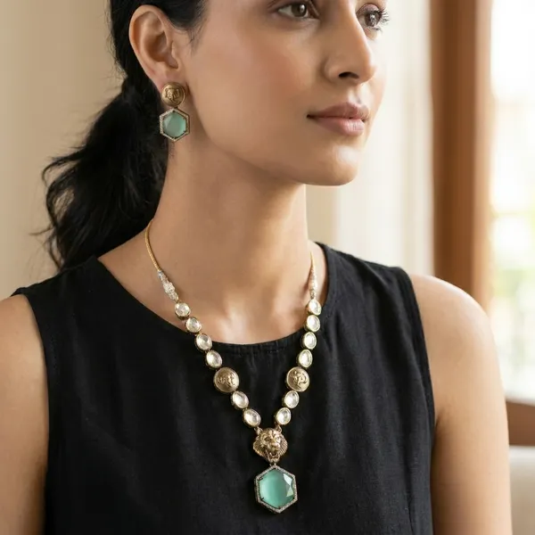 Green_White_Alloy_Emerald_Lion_Motif_Necklace_Set_For_Women