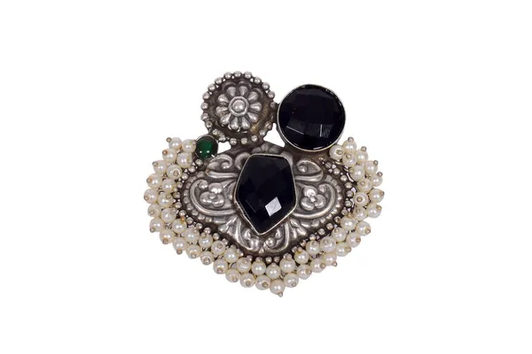 Black_White_Alloy_Faux_Pearl_Black_Gemstone_Ring_For_Women