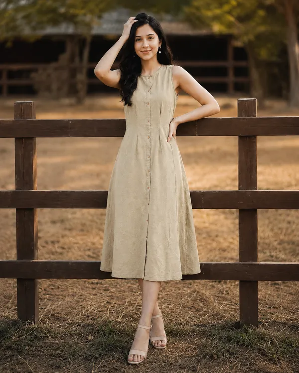 Women's_Khaki_Sleeveless_A-Line_Midi_Dress_|_Solid_Button-Down_Casual_Cotton_Blend_Dress_|_Elegant_Summer_&_Party_Wear