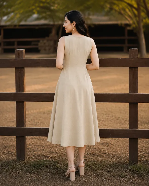 Women's_Khaki_Sleeveless_A-Line_Midi_Dress_|_Solid_Button-Down_Casual_Cotton_Blend_Dress_|_Elegant_Summer_&_Party_Wear