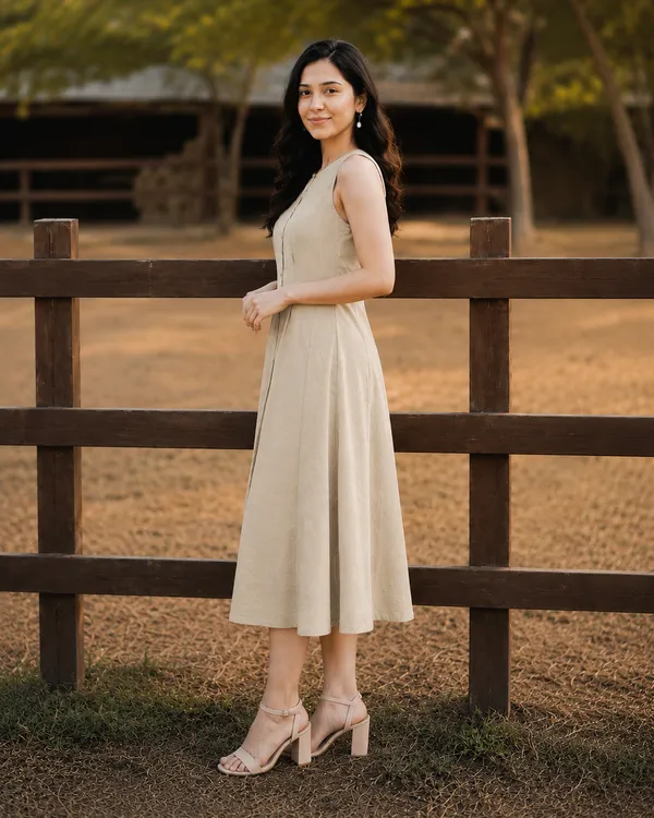 Women's_Khaki_Sleeveless_A-Line_Midi_Dress_|_Solid_Button-Down_Casual_Cotton_Blend_Dress_|_Elegant_Summer_&_Party_Wear