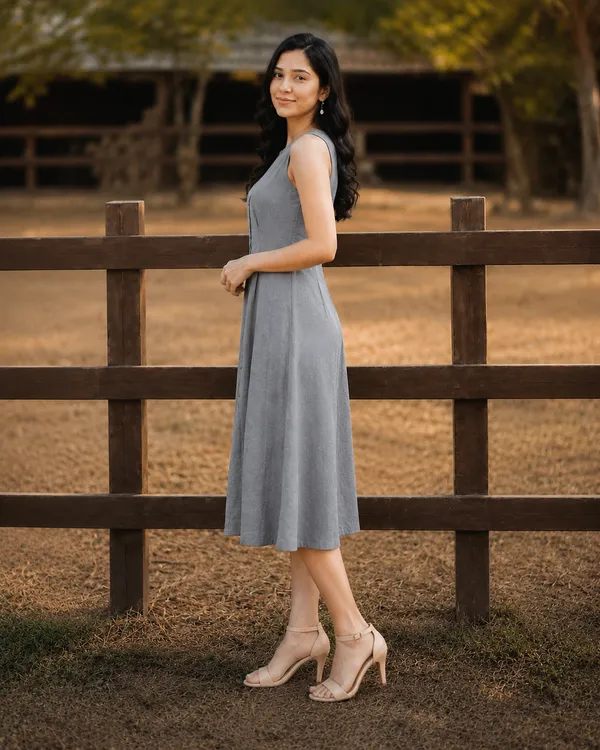 Women's_Grey_Sleeveless_A-Line_Midi_Dress_|_Solid_Button-Down_Casual_Cotton_Blend_Dress_|_Elegant_Summer_&_Party_Wear
