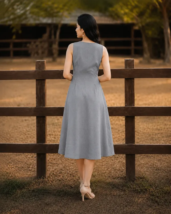 Women's_Grey_Sleeveless_A-Line_Midi_Dress_|_Solid_Button-Down_Casual_Cotton_Blend_Dress_|_Elegant_Summer_&_Party_Wear
