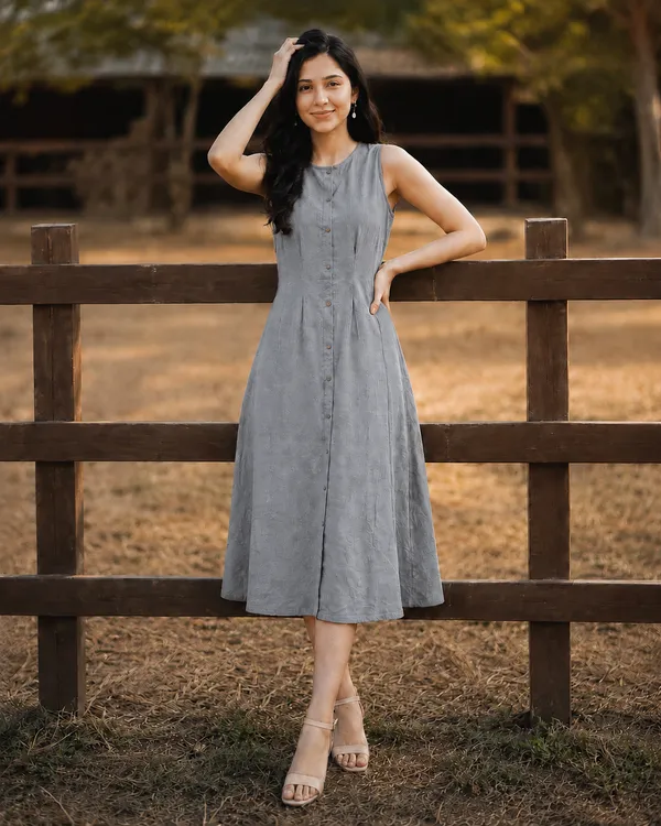 Women's_Grey_Sleeveless_A-Line_Midi_Dress_|_Solid_Button-Down_Casual_Cotton_Blend_Dress_|_Elegant_Summer_&_Party_Wear