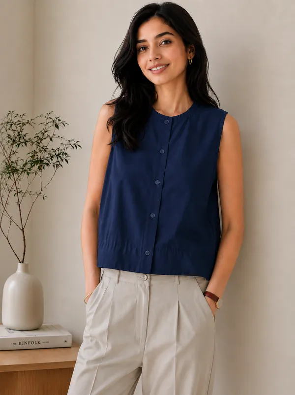 Women_Navy_Blue_Sleeveless_Cotton_Blend_A-Line_Top_|_Casual_Relaxed_Fit_Round_Neck_Summer_Crop_Top