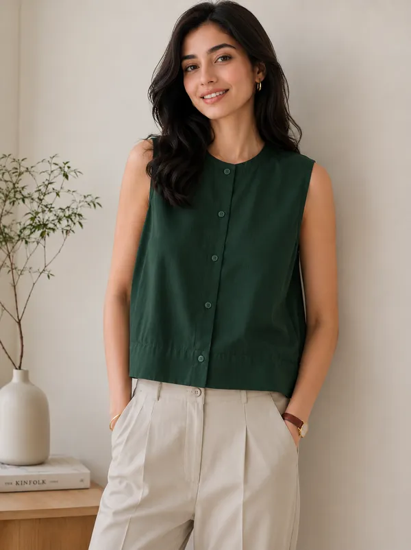 Women_Dark_Green_Sleeveless_Cotton_Blend_A-Line_Top_|_Casual_Relaxed_Fit_Round_Neck_Summer_Crop_Top