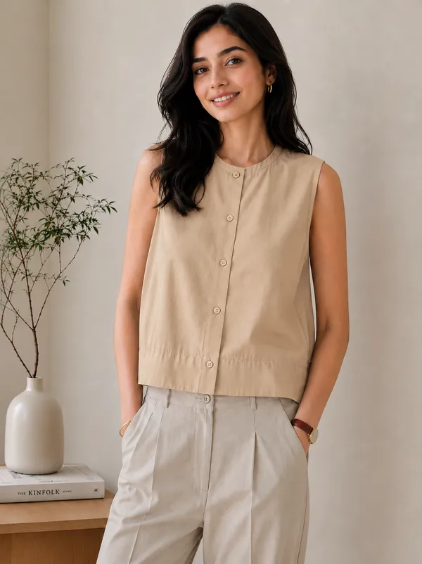 Women_Khaki_Sleeveless_Cotton_Blend_A-Line_Top_|_Casual_Relaxed_Fit_Round_Neck_Summer_Crop_Top